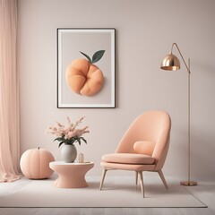  Peach fuzz trend color year 2024 in the luxury Livingroom. Painted mockup gray wall for art, peach apricot beige pastel chair color. Modern room design interior home. Accent premium lounge. 3d render