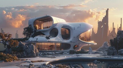 Futuristic house with sleek, curved surfaces and transparent walls, nestled in a ruined cityscape, dawn light softening the harsh outlines