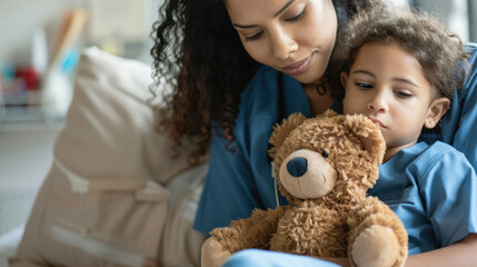 Nurse Soothing Child with Teddy., International Nurses Day, hospital care, dedication and skills.