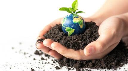 Hands holding a small globe with a sprouting plant, symbolizing environmental responsibility and care.