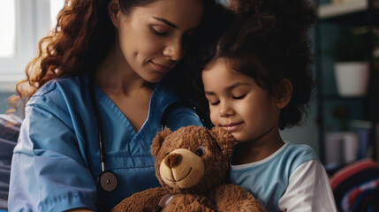 Nurse comforting child with teddy., International Nurses Day, hospital care, dedication and skills.