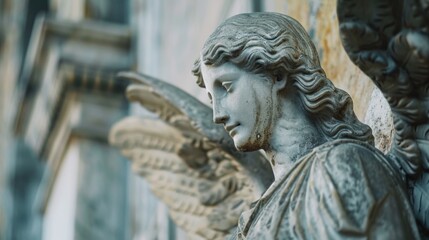 Detailed view of an angelic statue, suitable for religious or spiritual concepts