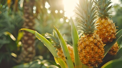 Sun-kissed Pineapples Growing in Tropical Environment. Vibrant, Fresh Produce on Sunny Day. Organic Agriculture and Healthy Lifestyle Concept in Nature. AI