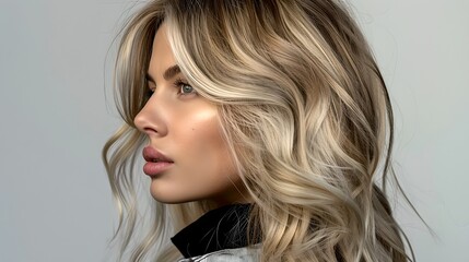 Stunning Portrait of a Blonde Woman with Luscious Wavy Hair. Close-up on Feminine Beauty, Perfect for Lifestyle and Fashion Use. Exquisite Lighting Highlights Fine Details. AI