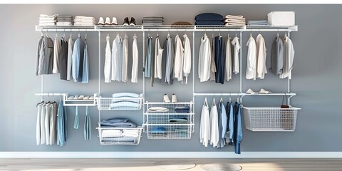 Neatly Organized Closet with Opulent Hanging System and Decorative Wire Mesh Shelves