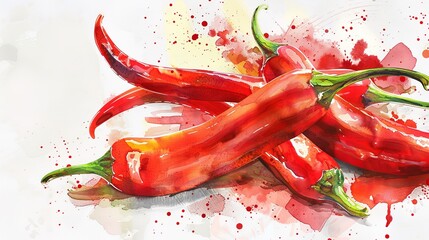 Illustration of Red Hot Peppers Painted Watercolor Style