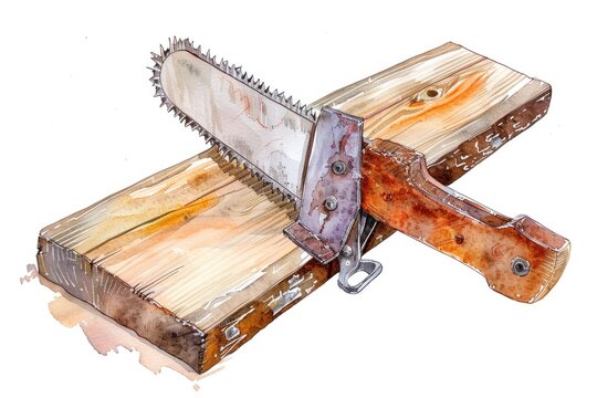 Detailed Drawing Of A Chainsaw On A Piece Of Wood, Suitable For Woodworking Or Tool-related Projects