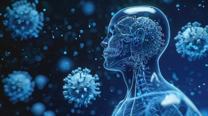 Close-up of a man's head and neck surrounded by coronaviruses. Suitable for medical concepts