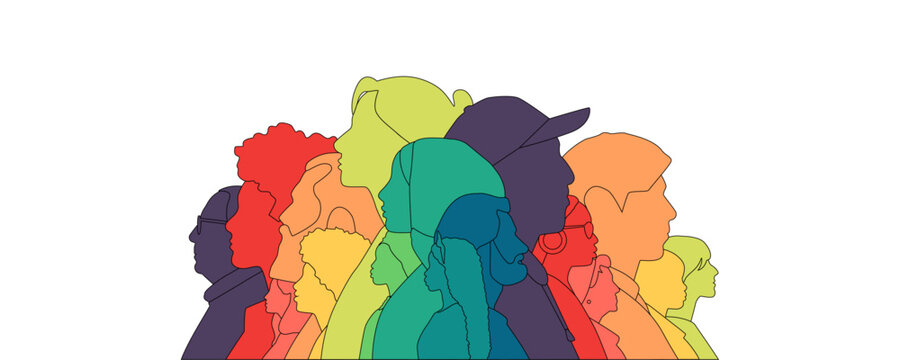 Different people stand side by side together. Flat vector illustration.