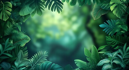 Frame of green tropical leaves with bokeh background. Vacation and travel theme concept. Design for wallpaper, banner with copy space or  backdrop.