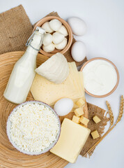 Assortment of dairy products, milk, cottage cheese, cheese, cream cheese, butter, eggs and yogurt on a light background, top view.