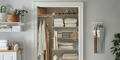 Neatly Organized Closet with Opulent Hanging System and Decorative Wire Mesh Shelves