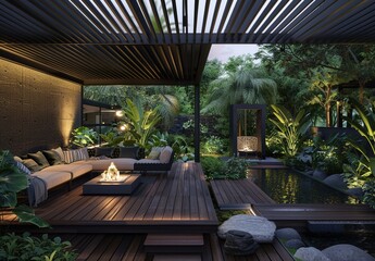 Modern Outdoor Living Area with Seating, Dark Wood Floor, and Black Metal Ceiling Overlooking a Small Pond