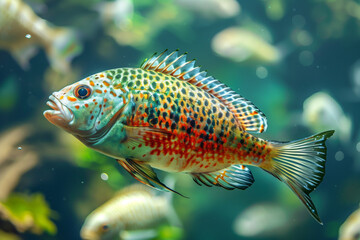 Freshwater fish swim underwater. By looking from the side.