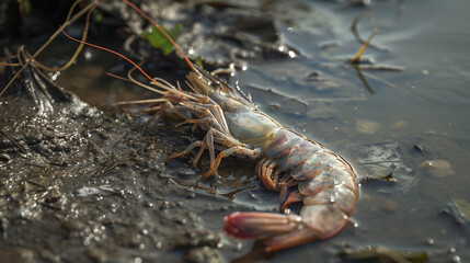 Shrimp dead killed from polluted water in lake pond, global warming.