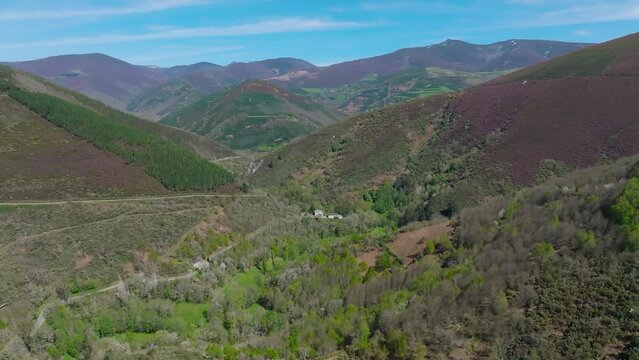 Panorama Of Mountain Range With Forest From Doiras In Galicia, Spain. - aerial shot