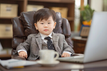 Little Asian Chinese boy dressed up as businessman with jacket sitting in an office in front of computer laptop