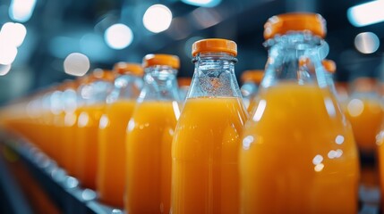Line of bottling of orange fruit juice bottles on clean light factory - Powered by Adobe