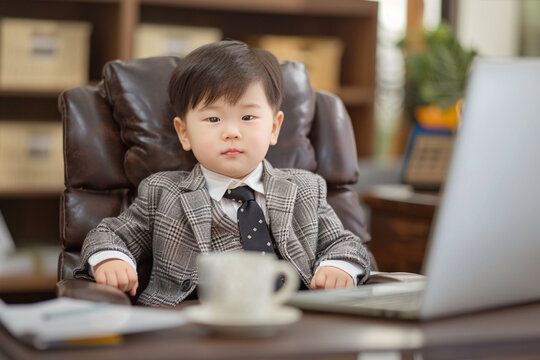 Little Asian Chinese boy dressed up as businessman with jacket sitting in an office in front of computer laptop