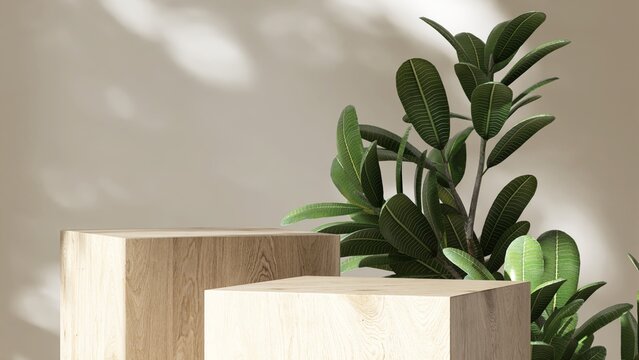 Two modern wooden cuboid table podium, tropical green tree in sunlight on beige wall room. Luxury cosmetic, skincare, beauty, body, hair care, treatment, fashion product display background 3D