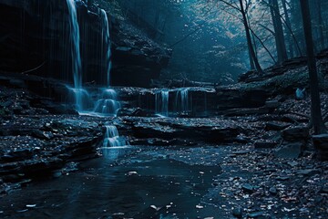 A serene waterfall flowing through a lush forest. Ideal for nature and travel themes