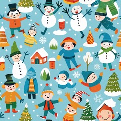 Fototapeta premium Seamless pattern of children building snowmen and snow angels, Generative AI