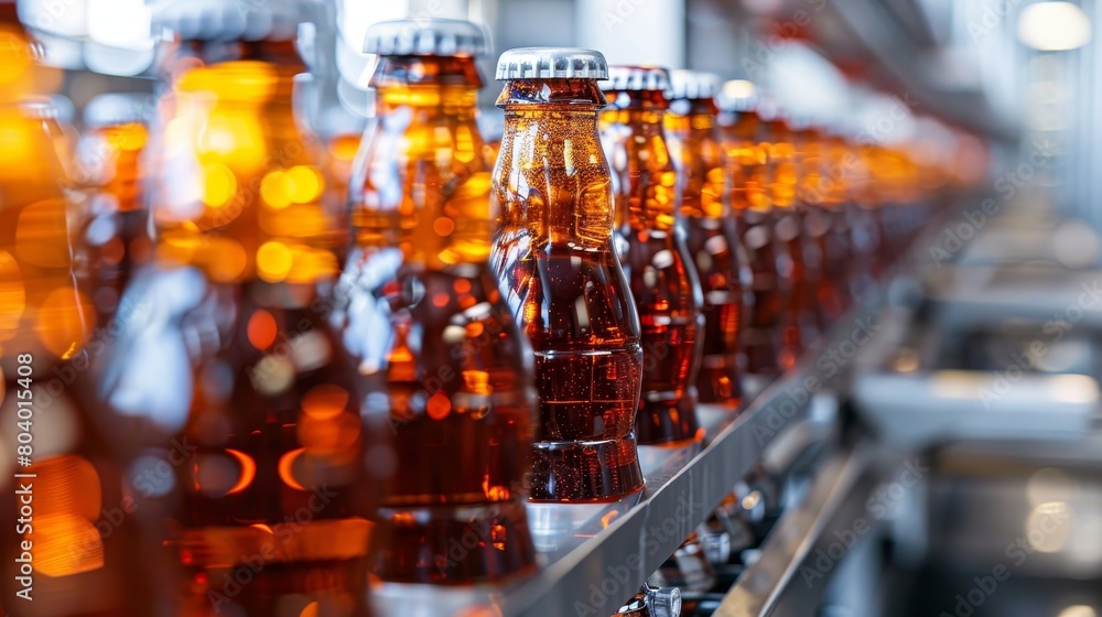 Poster line of bottling of cola soda bottles on clean light factory