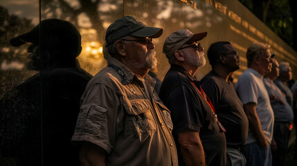 Obraz premium Portrait shot of a group of veterans paying tribute to fallen soldier on Memorial Day.