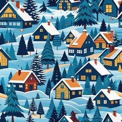 Seamless pattern of cozy cabins nestled in snowy forests, Generative AI