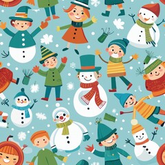 Seamless pattern of children building snowmen and snow angels, Generative AI