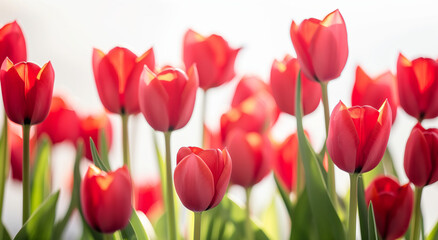 Obraz premium Red tulips, on white background. Spring and Valentine's Day concept. Banner with copy space. Design for greeting card, invitation, poster.