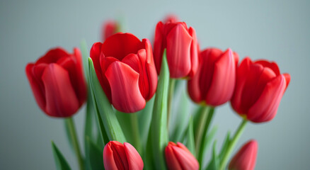 Fototapeta premium Red tulips bouquet, on gray background. Spring and Valentine's Day concept. Banner with copy space. Design for greeting card, invitation, poster.