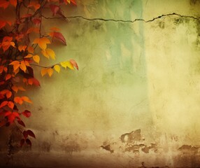 Autumn Leaves on Grungy Vintage Wall Background for Artistic Design