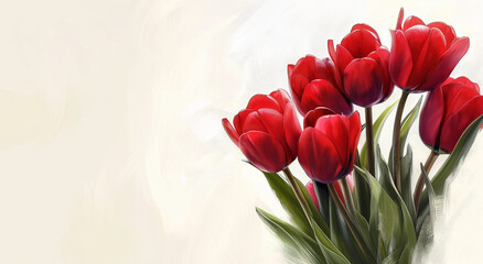 Red tulips bouquet, illustration on white background. Spring and Valentine's Day concept.  Banner with copy space.  Design for greeting card, invitation, poster.