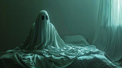 A ghostly apparition floating above a persons bed
