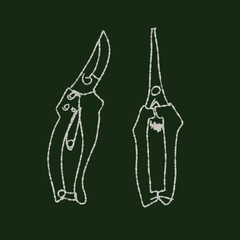Gardening scissors, black background, tools outline, clipart