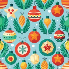 Seamless pattern of festive holiday decorations like ornaments and wreaths, Generative AI