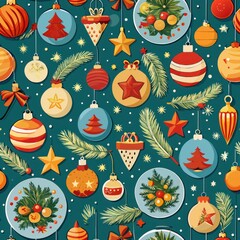 Seamless pattern of festive holiday decorations like ornaments and wreaths, Generative AI