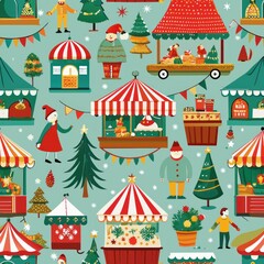 Seamless pattern of festive holiday markets with stalls selling treats and gifts, Generative AI