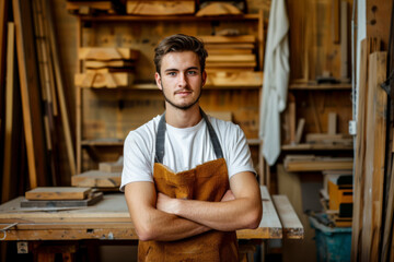 Portrait of a handsome young man in an apron working in a workshop. A man in the background of a joinery, wood carving and handicraft workplace.