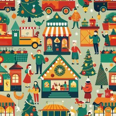 Seamless pattern of festive holiday markets with stalls selling treats and gifts, Generative AI