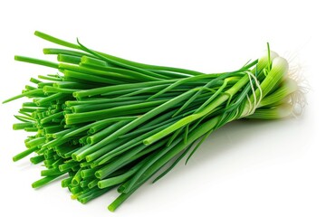 Chinese chives vegetable isolated on a white backdrop in front view. Generative Ai