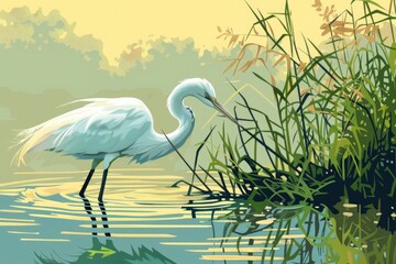Naklejka premium A beautiful painting of a crane standing in the water. Perfect for nature lovers