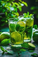 Two glasses filled with refreshing mojito tea, garnished with fresh lime wedges and sprigs of mint