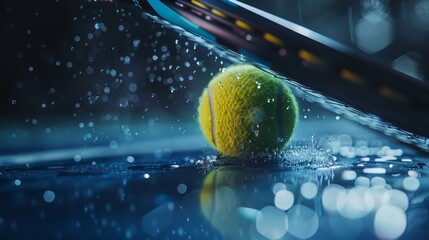 Detailed top perspective, tennis ball making crisp contact with racket, isolated matte background, spotlighted with studio lighting