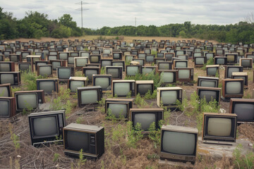An empty field filled with many classic CRT TVs