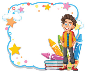Cheerful boy with books and colorful frame.