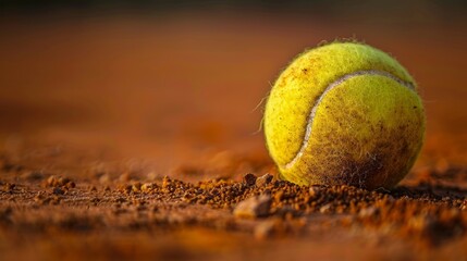 Detailed close-up of a tennis ball on a clay court, emphasizing rough texture and earth tones,...