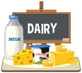 Illustration of various dairy products on a table.