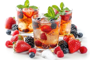 Fresh mint fruits and berries with an alcohol drink on a white backdrop. Generative Ai